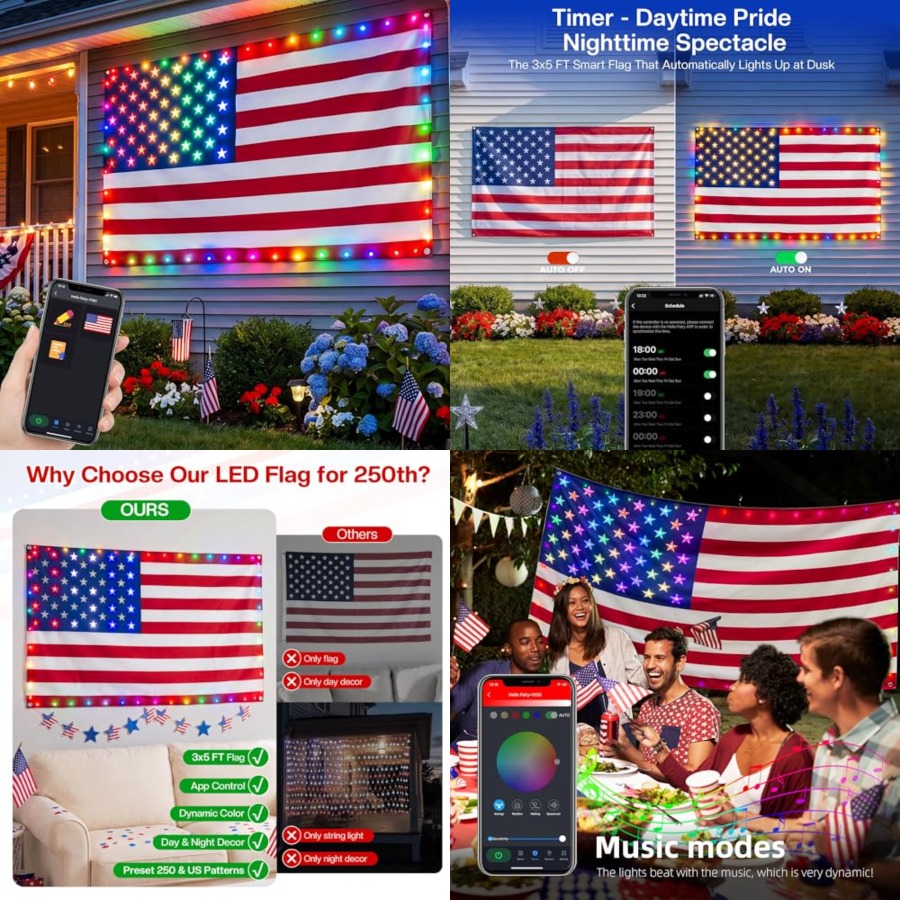 Up Lighting Decor - Bandera Americana Inteligente Iluminada de 3x5
